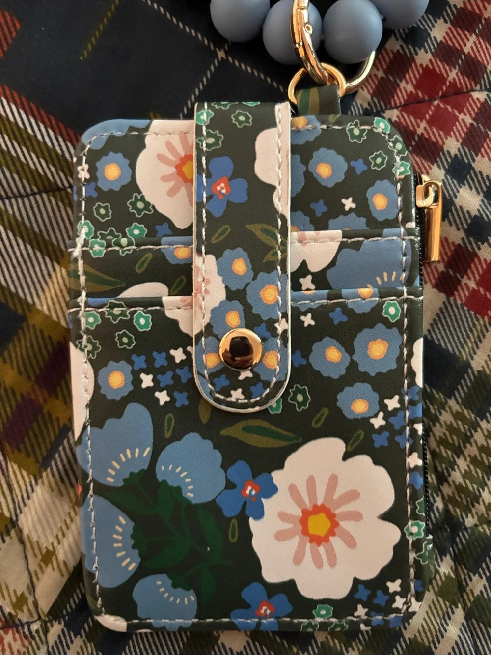 Floral ID Card Holder Wristlet with Blue Beaded Strap